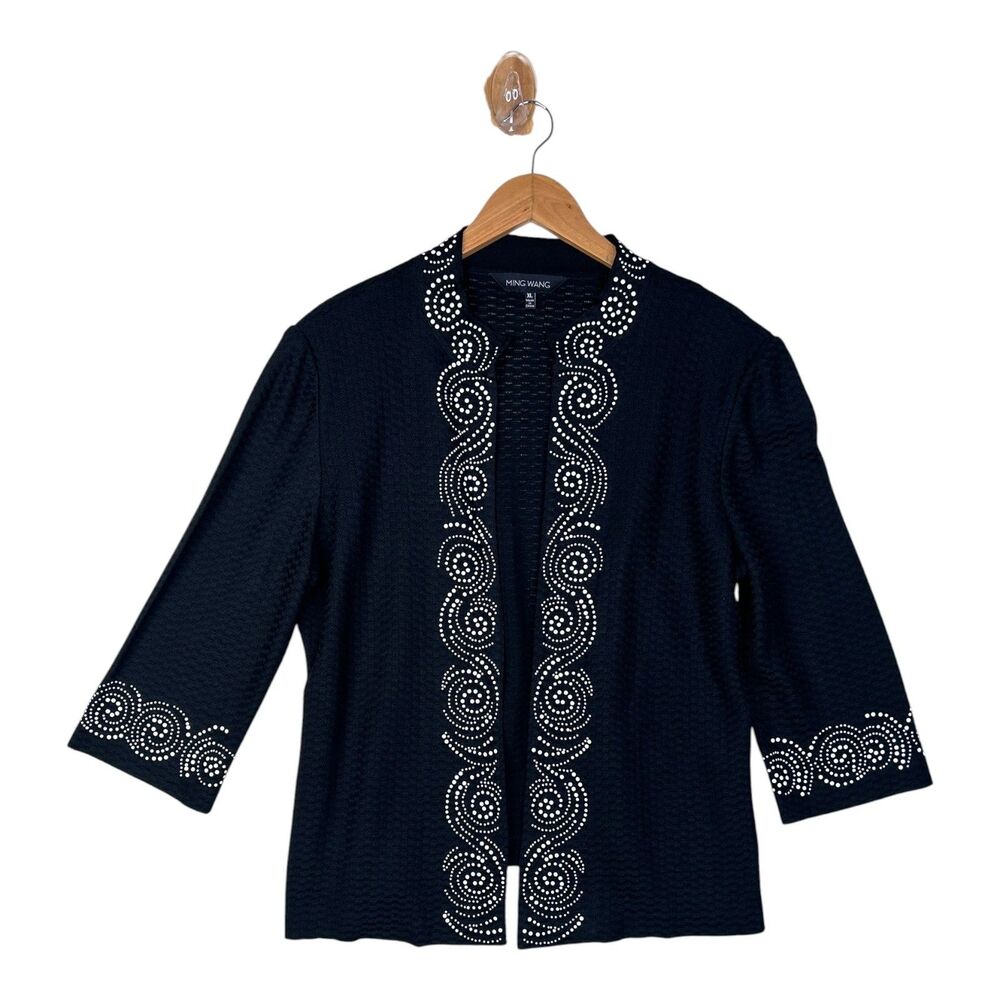 Ming Wang Sweater Womens XL Black Studded Open Front 3/4 Sleeve Knit Cardigan